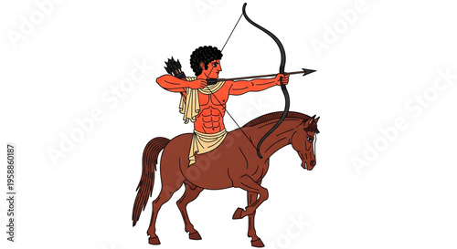 A vector graphic illustration of a centaur archer riding a horse and aiming a bow and arrow in a dynamic pose.