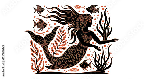 A minimalist vector illustration of a mermaid surrounded by fish and seaweed in a flat design style