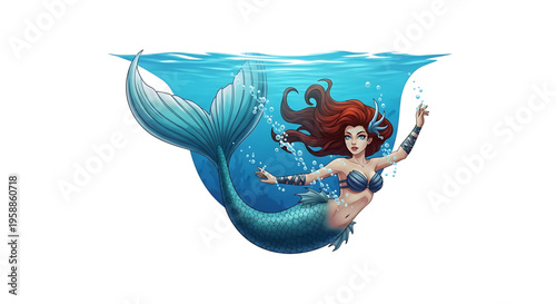 A vibrant mermaid illustration swimming underwater with a flowing red mane and shimmering tail.