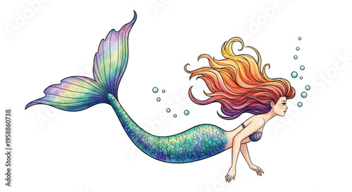 A colorful mermaid illustration with a shimmering tail and flowing hair swimming through the water.