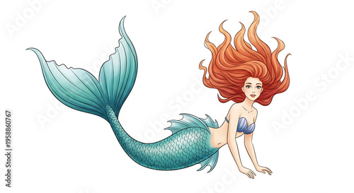 A vibrant cartoon mermaid with flowing red hair and a shimmering turquoise tail swims playfully in a minimalist vector illustration.