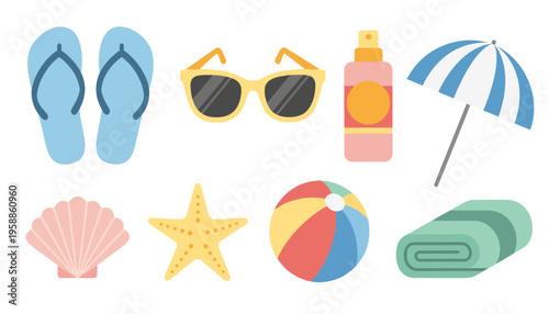 A colorful icon set of summer beach essentials on a white background.