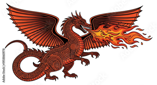 A mythical dragon with intricate Celtic designs breathing fire in a dynamic pose