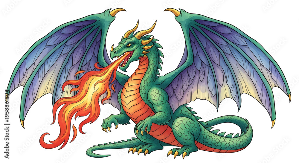 Fototapeta premium A vibrant green dragon with purple wings and fiery breath, depicted in a colorful vector illustration.
