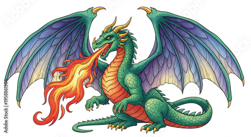 A vibrant green dragon with purple wings and fiery breath, depicted in a colorful vector illustration.