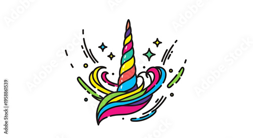 A colorful unicorn horn icon with swirling rainbow lines and sparkles on a white background