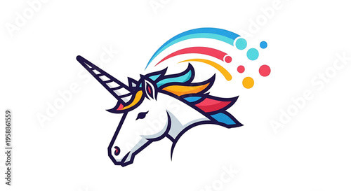A colorful unicorn head illustration with a rainbow mane and magic sparks, symbolizing fantasy and creativity.