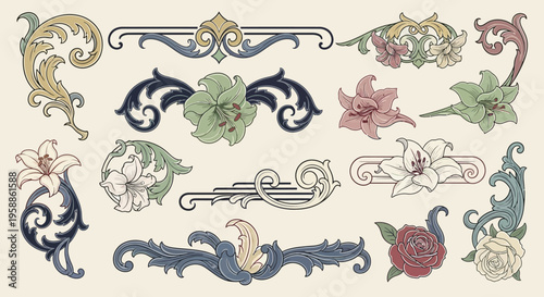 Collection of ornate decorative design elements.