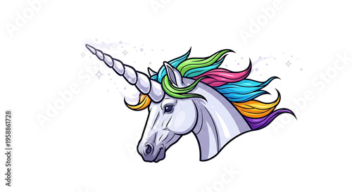 A colorful unicorn head illustration with a rainbow mane and sparkles
