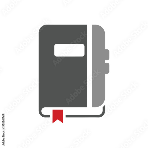 A gray and red hardcover book with a bookmark, representing education, knowledge, learning, and literature in a simple, readable design