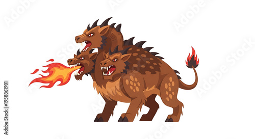 A mythical three-headed dog with flames coming out of its mouth and tail, depicted in a cartoon style vector graphic