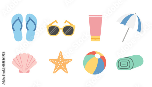 Beach icon set features flip flops, sunglasses, sunscreen, umbrella, shell, starfish, ball, and towel.