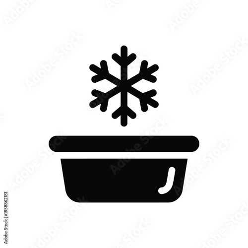 Black silhouette vector icon of freezer bowl with snowflake symbol indicating frozen food or product on white background