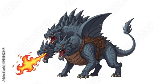 A mythical three-headed dragon breathing fire in a dynamic pose, set against a clean white background.