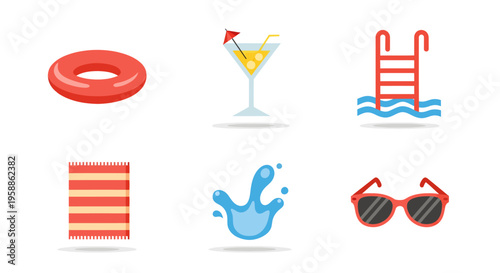 Summer icon set including lifebuoy, cocktail, pool ladder, towel, water splash, sunglasses.