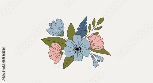 Colorful flowers and green leaves bouquet.