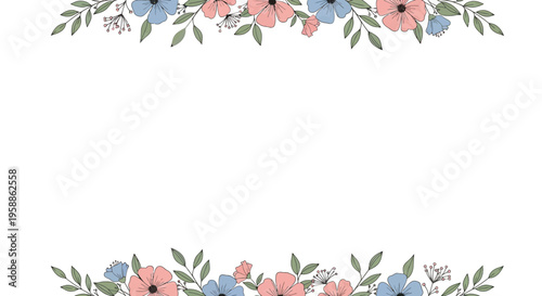 Colorful flowers and green leaves border.