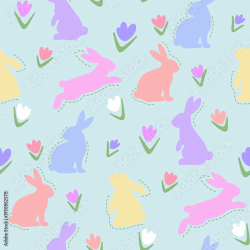 Seamless Easter Bunny Pattern Cute Pastel Rabbits and Flowers on Blue Background