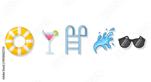 A colorful icon set of summer elements including a lifesaver, cocktail, diving board, water splash, and sunglasses.