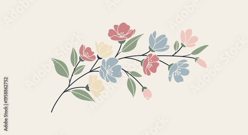 Colorful flowers on a branch.