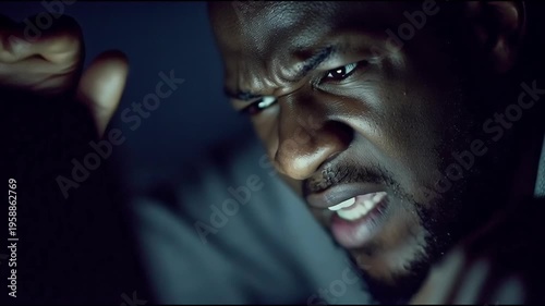 Intense close-up of a young Black man expressing strong emotion perhaps frustration determination or passion in low light with dramatic shadows and a cinematic feel