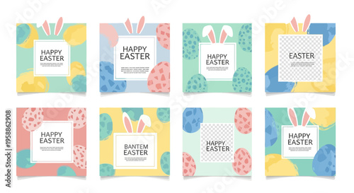 A set of colorful Easter-themed social media posts and stories with bunny illustrations and pastel colors on a white background