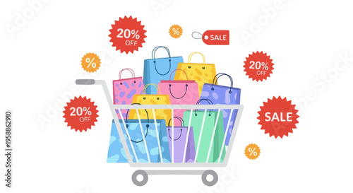 Shopping Cart Filled with Colorful Paper Bags and 20% Off Discount Sale Labels on White Background