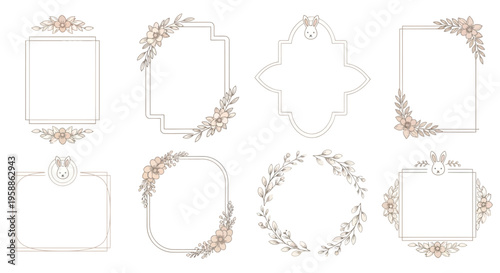 Easter-themed vector illustration set featuring floral frame borders and bunny elements on a pastel background for decoration and design