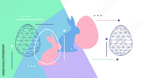 Easter Sunday social media post featuring a colorful bunny and eggs on a pastel background with geometric shapes and floral elements