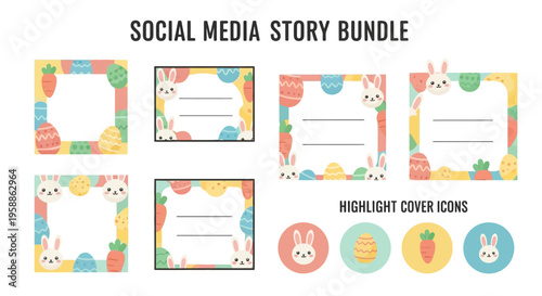 Colorful Easter social media story bundle with bunny and egg illustrations for Instagram posts and highlight covers on a pastel background