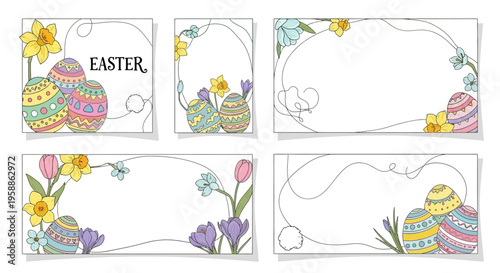 Colorful Easter-themed social media post templates with pastel bunny, eggs, and flowers on a white background