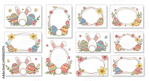 A set of nine Easter-themed frames featuring bunnies, eggs, and flowers in pastel colors for social media posts and decorations