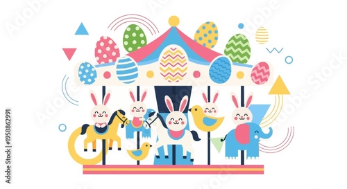 Colorful Easter-themed illustration of bunnies and eggs on a pastel background with a joyful and festive mood