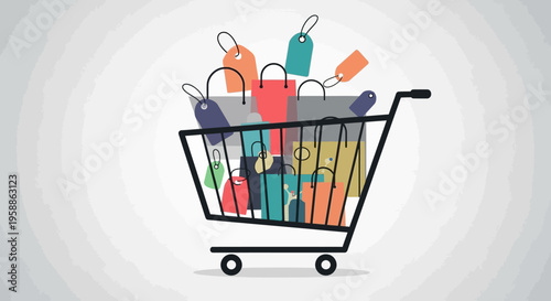Minimalist vector illustration of a shopping cart filled with colorful bags and price tags, representing e-commerce sales and retail consumerism.