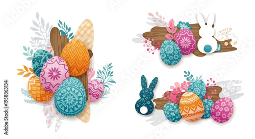 Colorful Easter-themed illustrations featuring bunnies, eggs, and flowers in pastel colors, perfect for social media posts, banners, and decorations