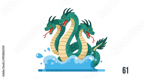 A vibrant vector graphic illustration of a mythical three-headed dragon emerging from water
