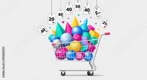 3D Shopping Cart Filled with Colorful Geometric Shapes and Discount Sale Tags, E-commerce Retail Concept on White Background