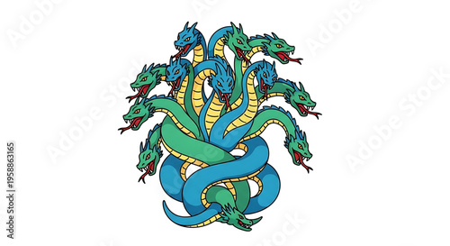 A vibrant illustration of the mythical Hydra, a multi-headed serpent, in a colorful and dynamic design