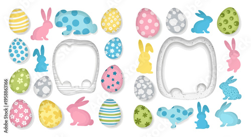 Colorful Easter-themed illustration of eggs and bunnies in pastel colors on a white background for decoration and design