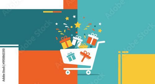 Shopping Cart Overflowing with Gift Boxes and Celebration Confetti on Abstract Background for E-commerce Sale and Holiday Promotion