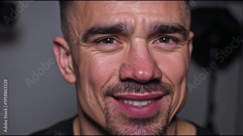 Intense portrait of a serious man with short hair and stubble looking directly at the camera in a studio setting conveying strength determination and vulnerability