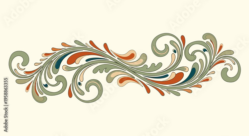 Colorful ornamental swirling leaf design element.