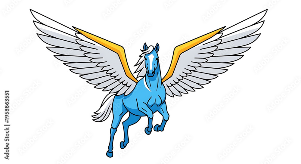 Obraz premium A vibrant blue pegasus with white and yellow wings spread wide in a dynamic pose