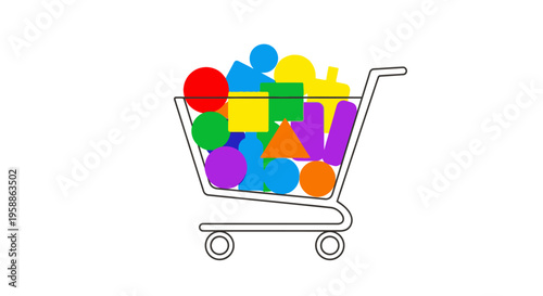 Minimalist Shopping Cart Filled with Colorful Geometric Shapes Illustration. Concept for E-commerce, Digital Product Variety, and Creative Design Resources on White Background.