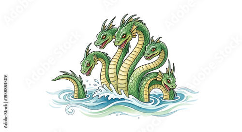 A mythical green sea monster with multiple heads rises out of the ocean waves in a colorful vector illustration.