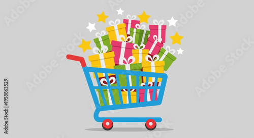 Shopping Cart Overflowing with Colorful Gift Boxes and Stars Illustration for Holiday Sales and E-commerce Marketing Concept