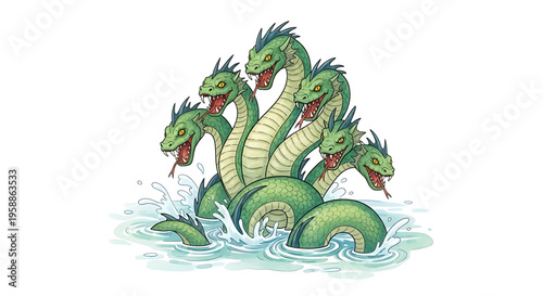 A mythical green serpent with multiple heads rising out of water in a cartoon style