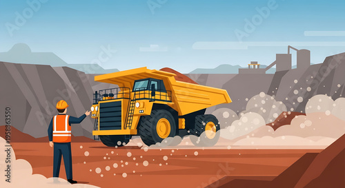 Massive yellow dump truck operating in an open pit mine, dust kicking up around it
