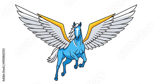 A vibrant blue pegasus with white and yellow wings spread wide in a dynamic pose