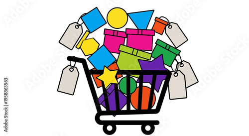 Colorful Shopping Cart Illustration with Geometric Shapes and Blank Price Tags - E-commerce and Retail Concept